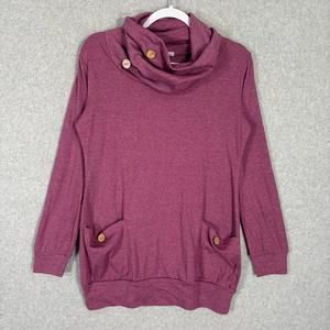 Sweatshirt Women Medium Pink Cowl Button Tunic Fleece Pockets Artsy Comfy Lounge